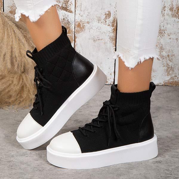 Women's High-Top Round Toe Platform Lace-Up Flying Woven Shoes 79606283C