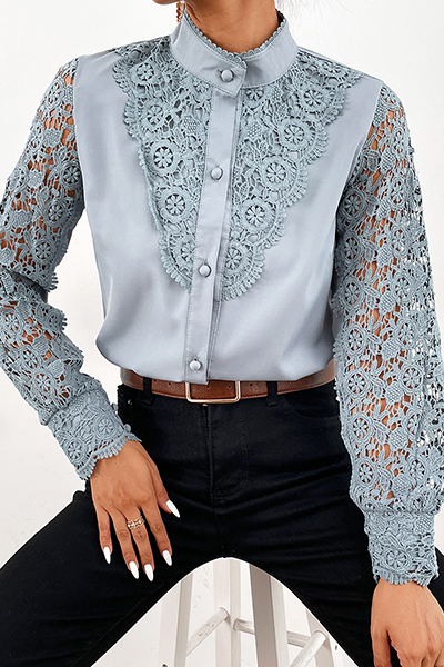 Elegant Solid Lace Hollowed Out Buckle Mandarin Collar Tops