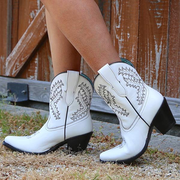Women'S Embroidered Pointed Toe Chunky Heel Booties 30004646C