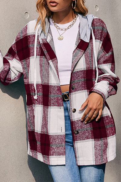 Casual Plaid Draw String Buckle Hooded Collar Outerwear