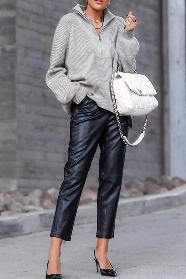 Casual Solid Patchwork Zipper Mandarin Collar Tops