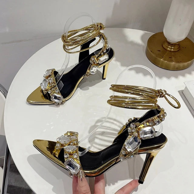 Elegant Crystal-Embellished Gold High Heel Ankle Strap Wedding Shoes