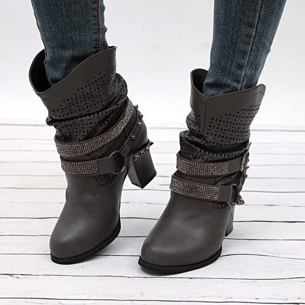 Women's Mid-Heel Cutout Buckle Ankle Martin Boots 62205223C