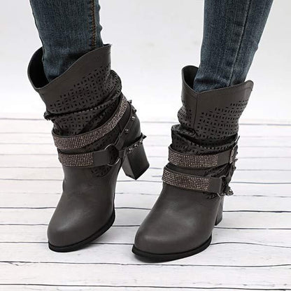 Women's Mid-Heel Cutout Buckle Ankle Martin Boots 62205223C