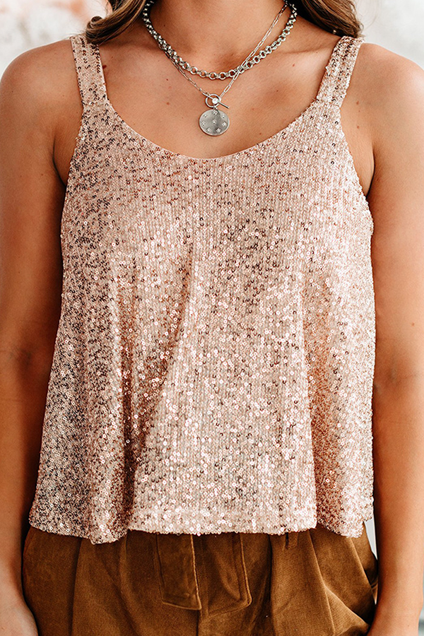 Casual Solid Sequins Split Joint U Neck Tops