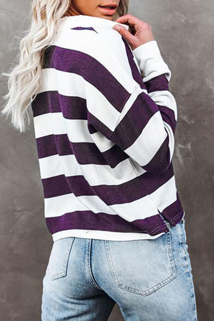 Casual Striped Split Joint Buckle Turndown Collar Tops