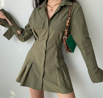 Trumpet Sleeve Button Up Dress