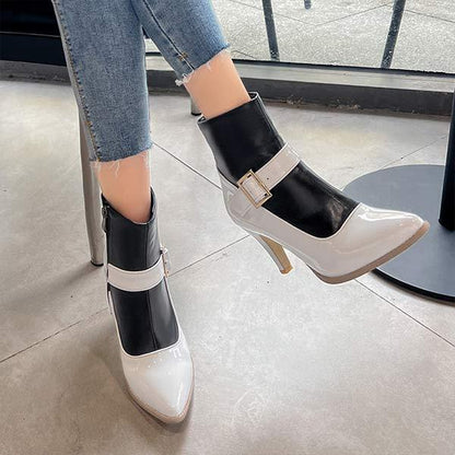 Women's Fashion High Heel Pointed Toe Color Block Zipper Ankle Boots 69062910C