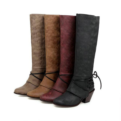 Women's Fashion Lace Up Chunky Heel Knee High Rider Boots 96479483S