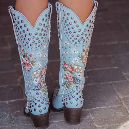 Women's Embroidered Studded High-Calf Mid-Heel Cowboy Boots 61919210C