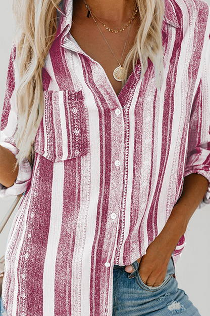 Casual Striped Patchwork Turndown Collar Tops(8 colors)