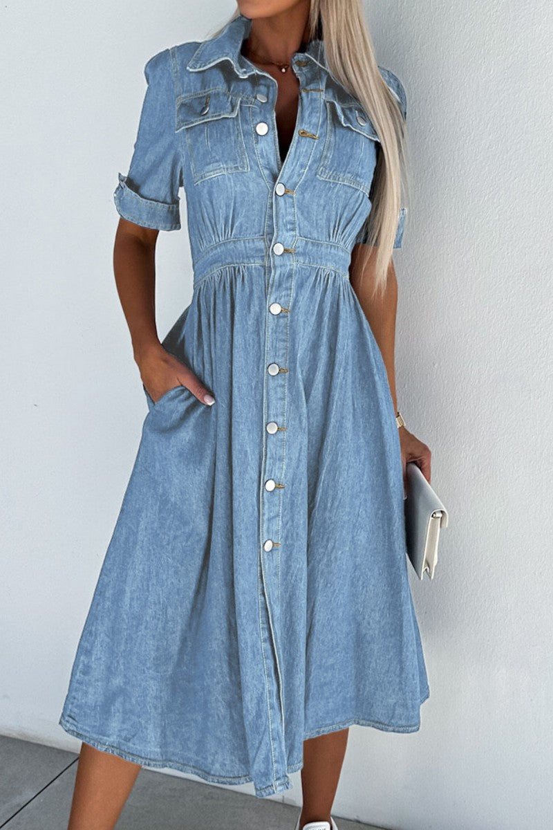 Casual Solid Patchwork Turndown Collar Short Sleeve High Waist Regular Denim Dresses