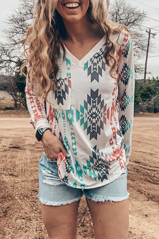 Casual Geometric Split Joint Pocket V Neck Tops