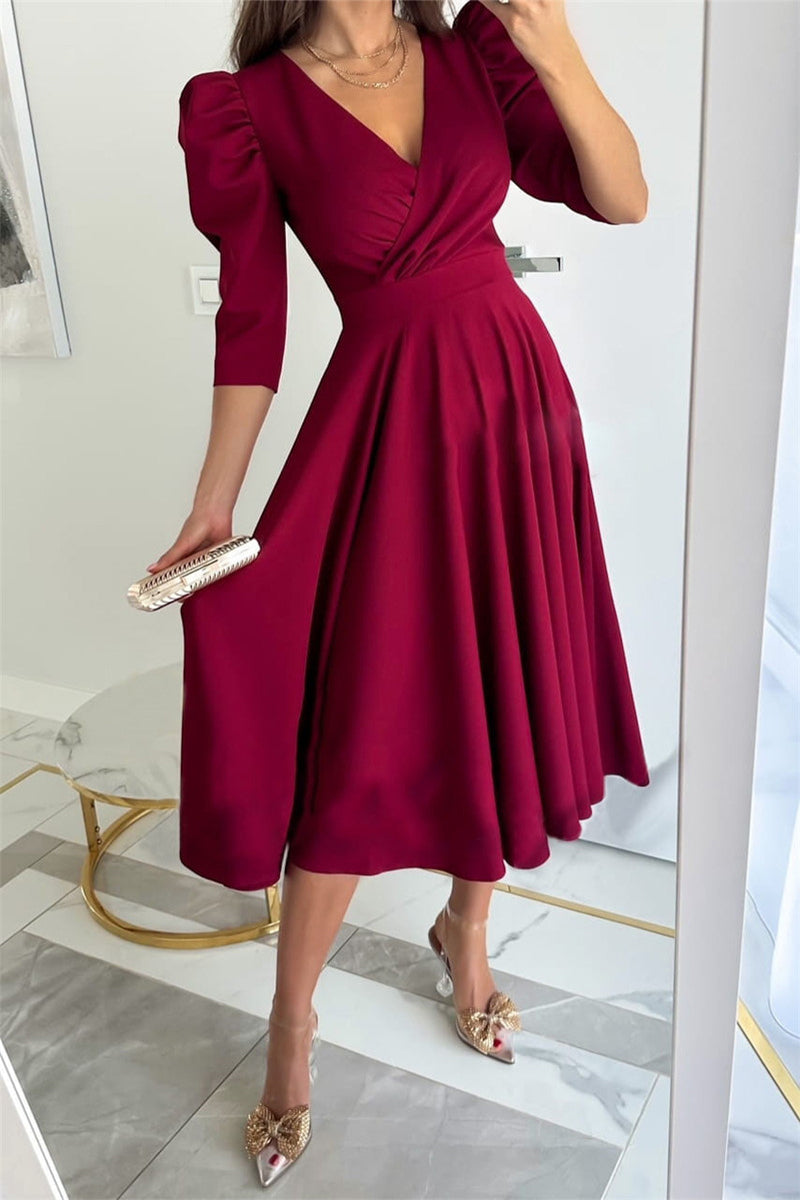 Sweet Elegant Solid Color V Neck A Line Dresses(4 Colors)