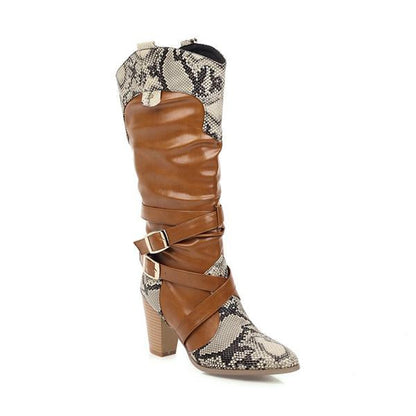 Women's Fashion Snake Pattern Chunky Heel High Boots 81857786S