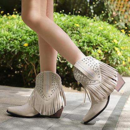 Women's Fashion Tassel Rhinestone Chunky Heel Booties 85018245S