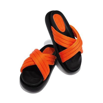 Satin Criss Cross Strap Platform Slippers