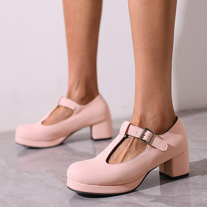 Women's Fashion T-Strap Candy-Colored Chunky Heels 61496076C