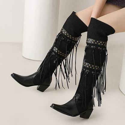 Women's Fashion Stud Tassel Chunky Heel Over-the-Knee Boots 25590507S