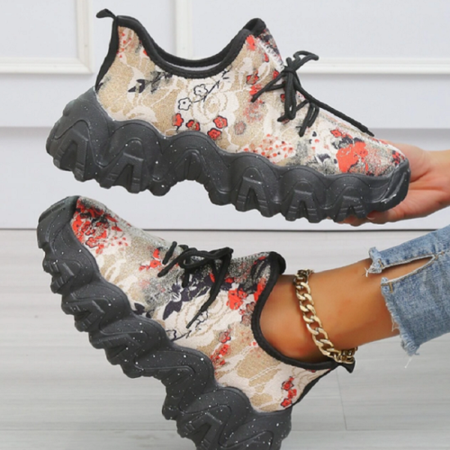 Ladies Round Toe Print Lace-up Sneakers