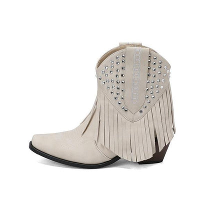 Women's Fashion Tassel Rhinestone Chunky Heel Booties 85018245S