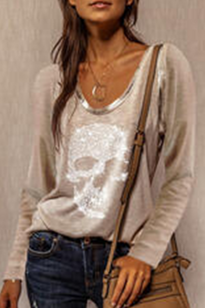 Casual Street Skull Head Bronzing Basic O Neck Tops