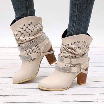 Women's Mid-Heel Cutout Buckle Ankle Martin Boots 62205223C