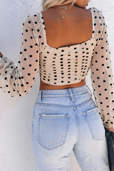 Elegant Polka Dot Fold Mesh Square Collar Tops