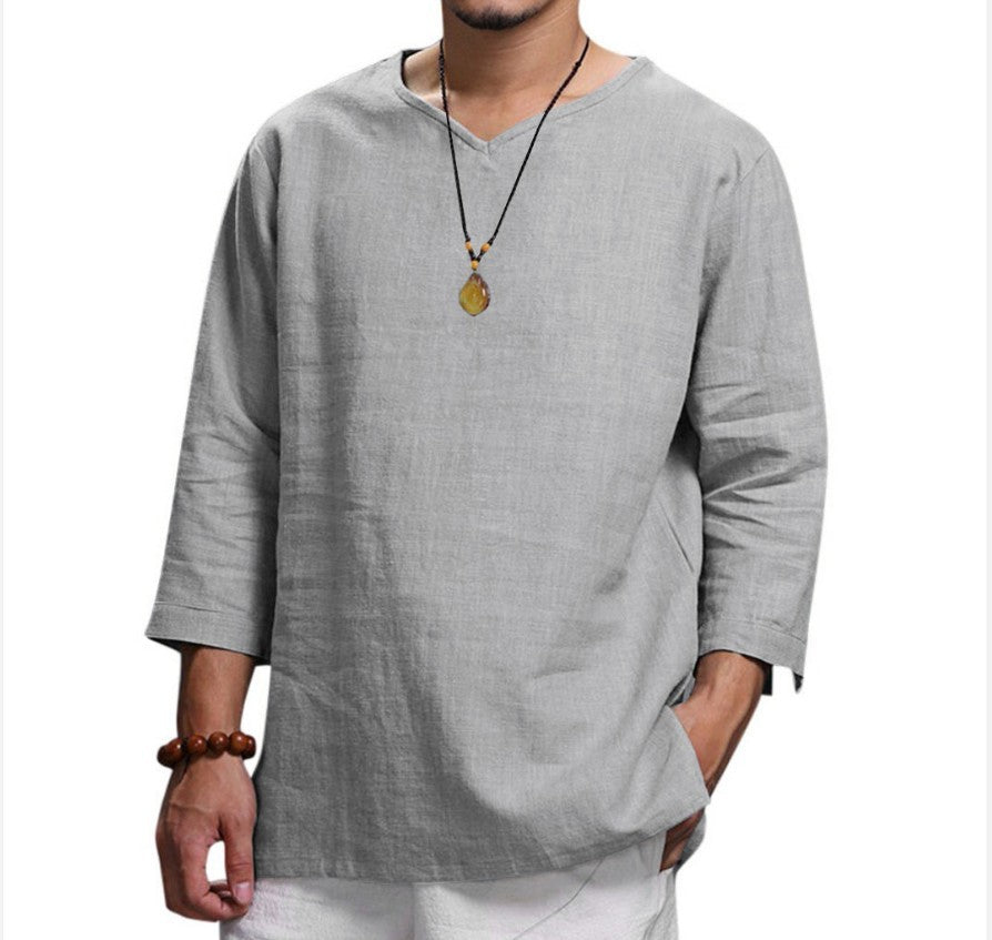 Men's Long Sleeve V Neck Loose Shirt