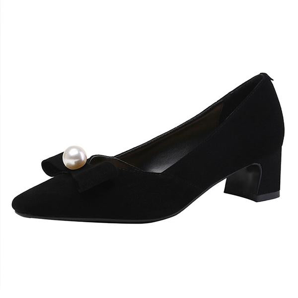 Women's Pearl Black Bow Block Heel Mary Jane Shoes 91094691S