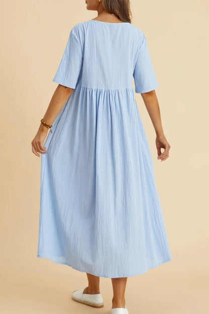 Casual Solid Fold O Neck Short Sleeve Dress