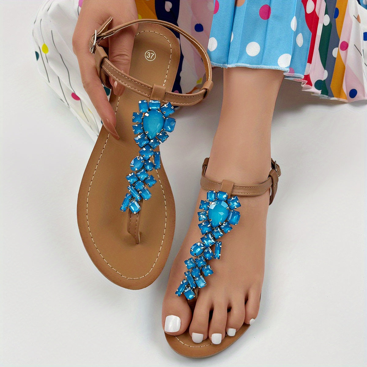 Rhinestone T-strap Flip Flop Sandals for Women - Open Toe Buckle Strap Shoes