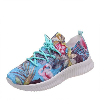 Women's Flat Lace-Up Flying Woven Breathable Printing Graffiti Casual Sneakers 43665814C