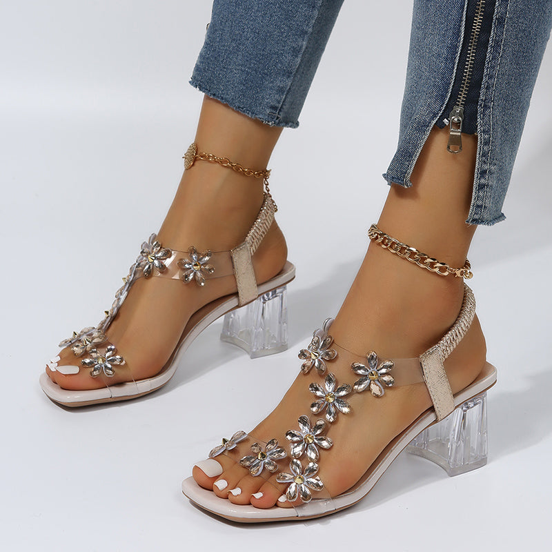 Women's Faux Rhinestone Floral Decor Chunky Heeled Sandals