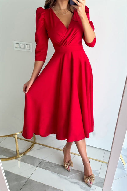 Sweet Elegant Solid Color V Neck A Line Dresses(4 Colors)