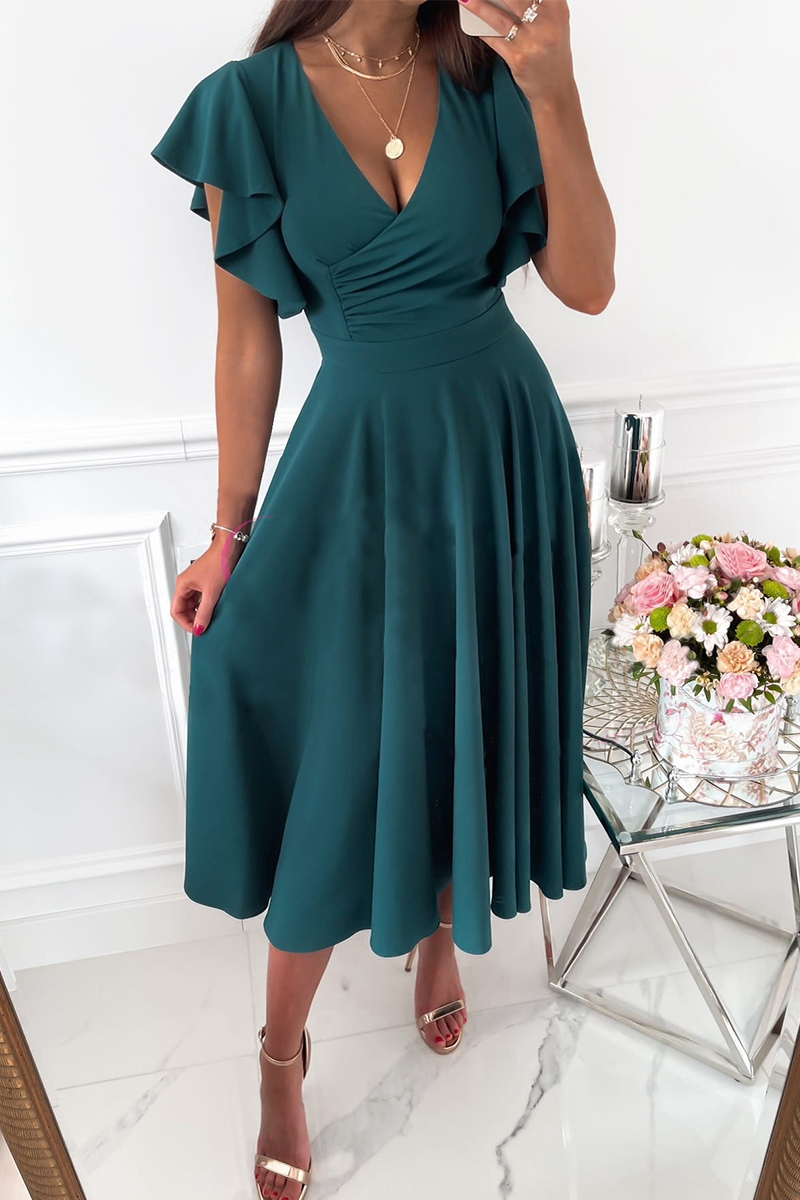 Casual Solid Flounce V Neck Cake Skirt Dresses(3 colors)