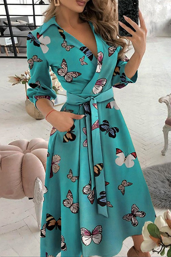 Fashion Elegant Print Solid Patchwork Frenulum V Neck A Line Dresses(10 Colors)