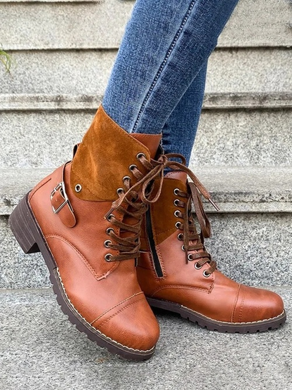 Retro Stitching Lace-up Zipper Boots