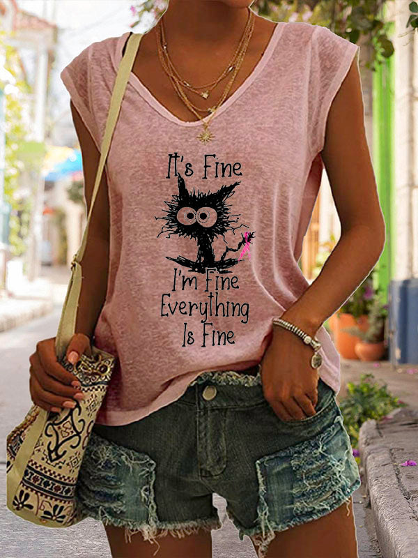 It's Fine I'm Fine Everything Is Fine Pink Ribbon Graphic Cap Sleeve T-Shirt