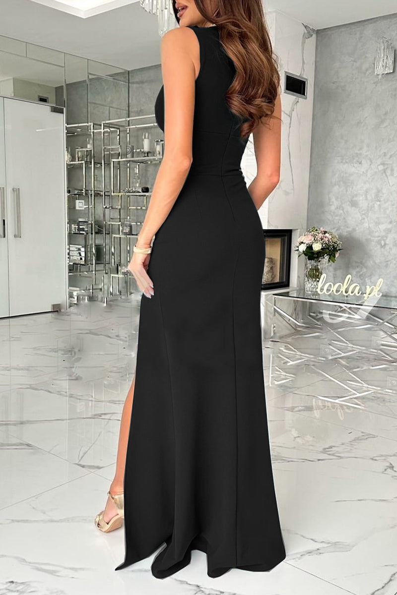 Celebrities Elegant Solid Slit Fold V Neck Evening Dress Dresses(4 Colors)