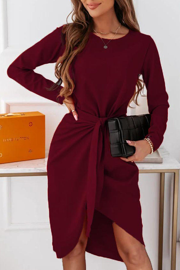 Fashion Elegant With Belt Asymmetrical O Neck Long Sleeve Dresses(3 Colors)