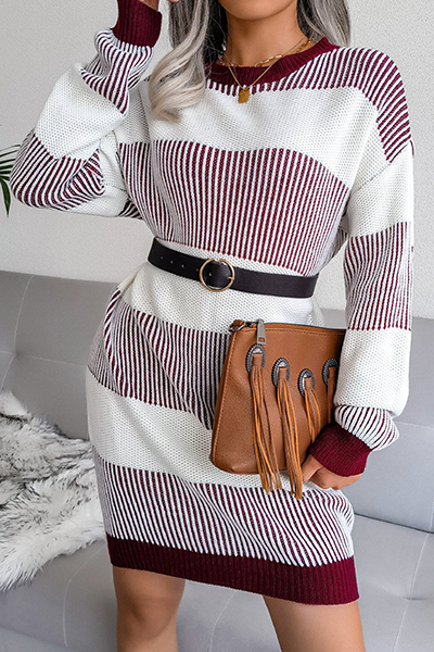 Elegant Striped Split Joint  Contrast O Neck Dresses Sweater  (Without Belt)