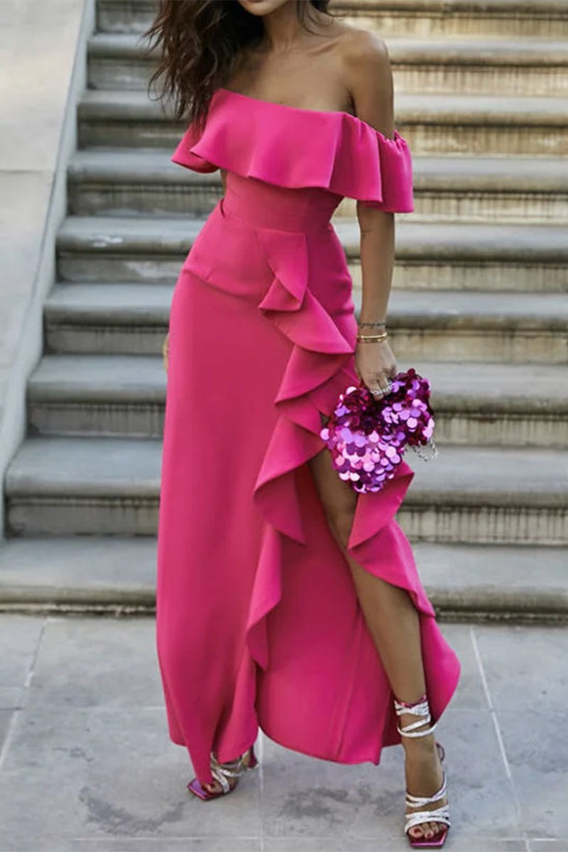 Elegant Solid Flounce Off the Shoulder Irregular Dress Dresses