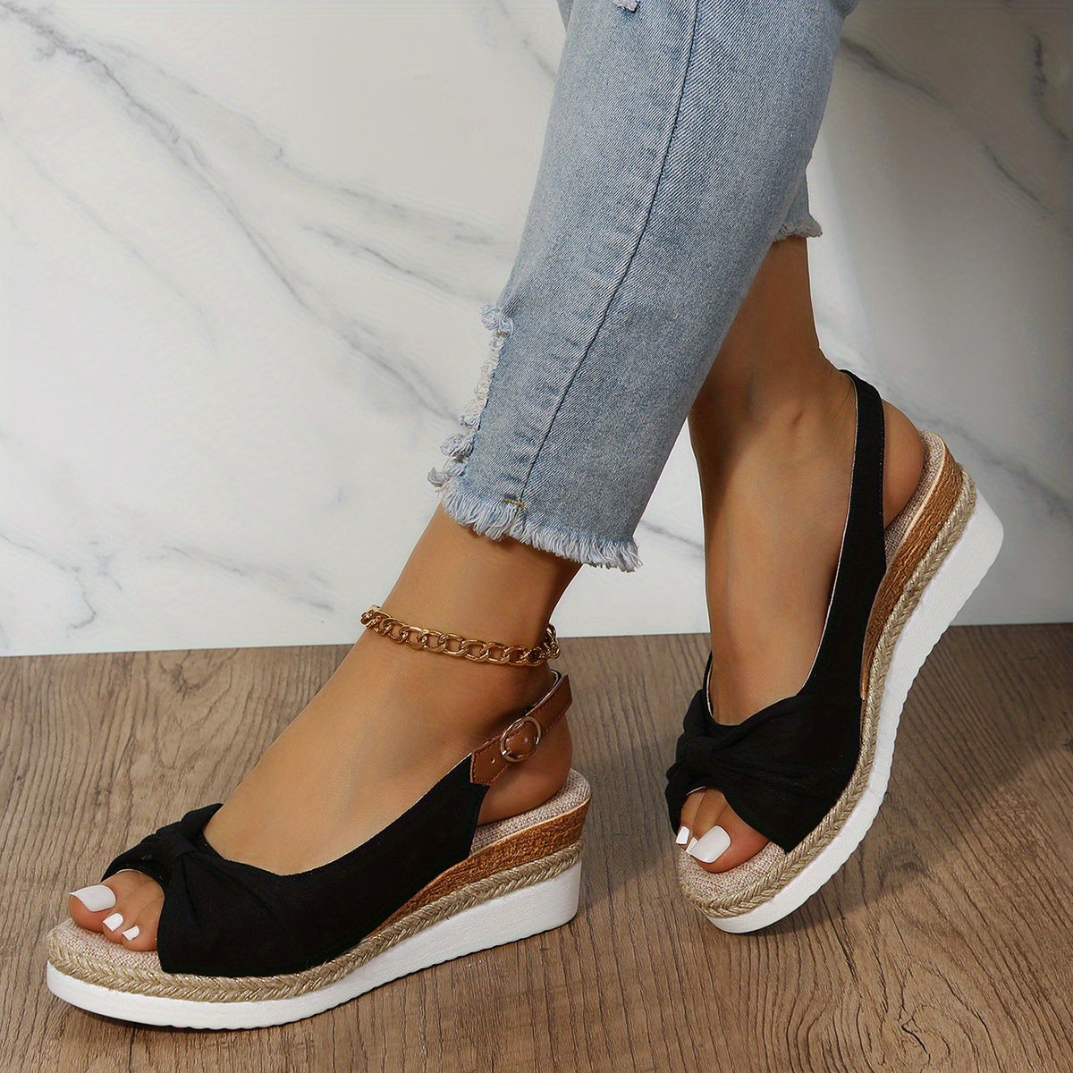 Peep Toe Slingback Wedge Sandals with Ankle Buckle Strap for Women