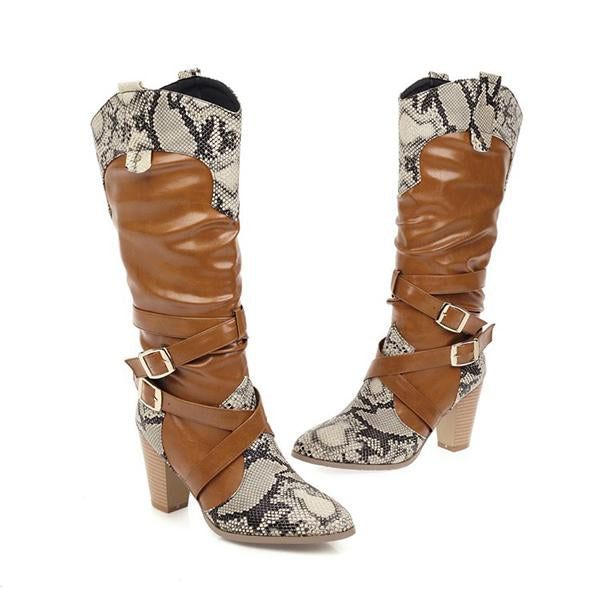 Women's Fashion Snake Pattern Chunky Heel High Boots 81857786S