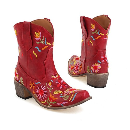 Embroidered Flowers Low-Heel Boots