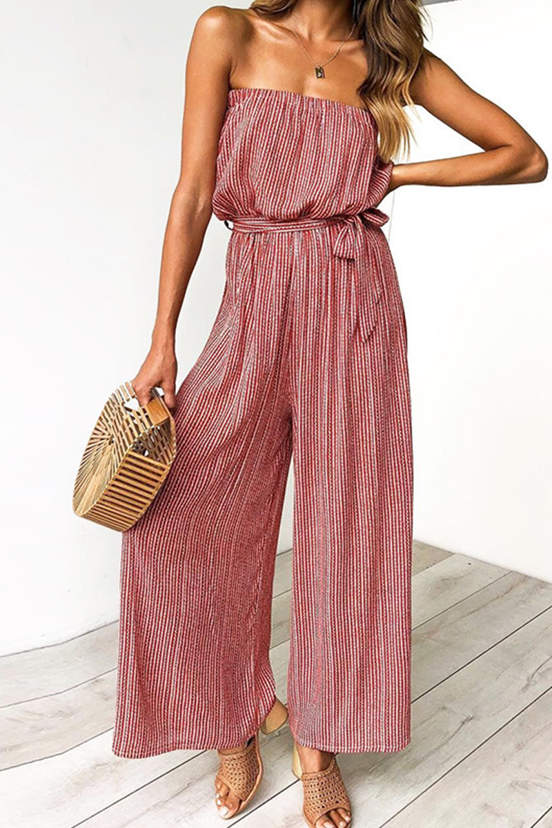 Street Striped Split Joint Frenulum Strapless Straight Jumpsuits