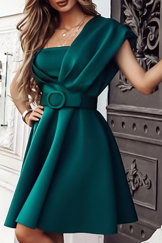 Party Solid Patchwork One Shoulder Waist Skirt Dresses