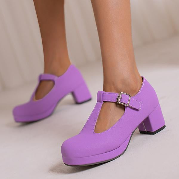 Women's Fashion T-Strap Candy-Colored Chunky Heels 61496076C