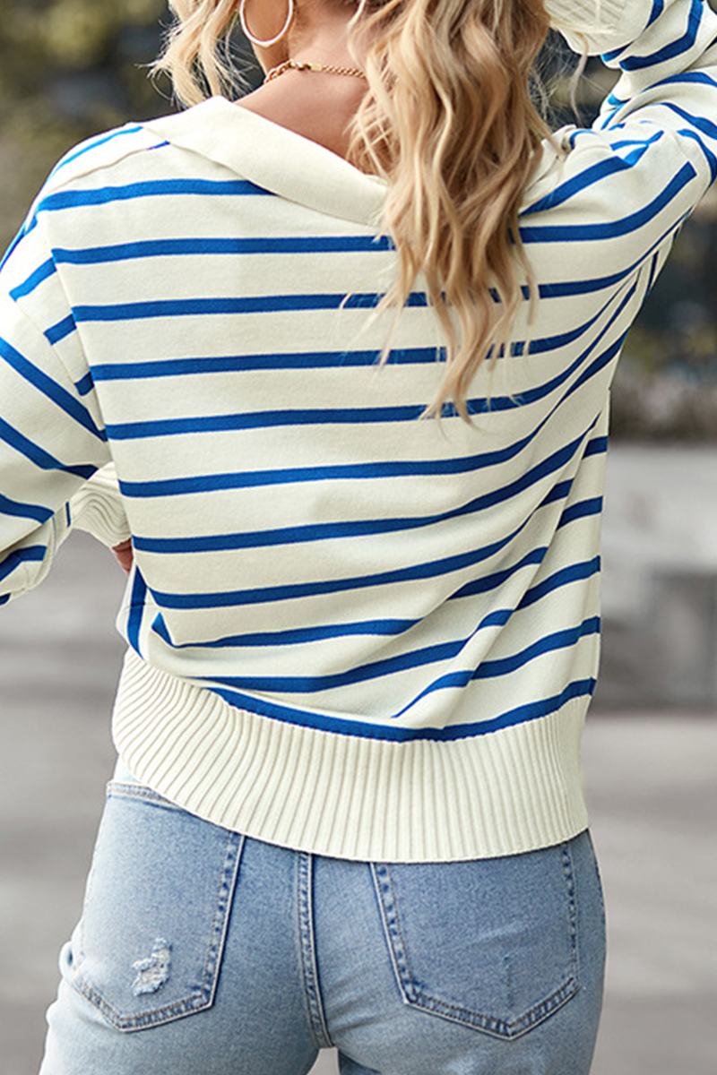 Casual Striped Patchwork Turndown Collar Tops(4 colors)